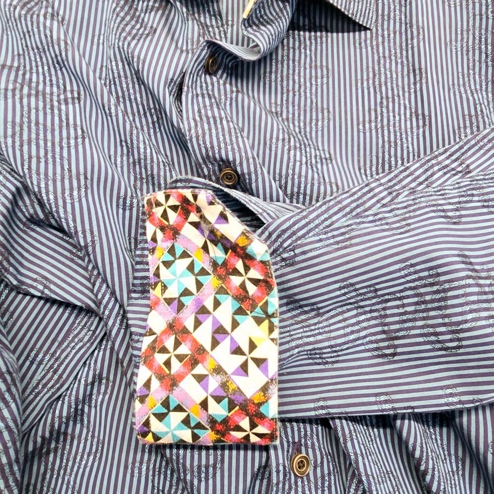 Robert Graham Mens XL Blue‎ Striped Dress Shirt Geometric Cuff Trim Silk Blend - Picture 10 of 15